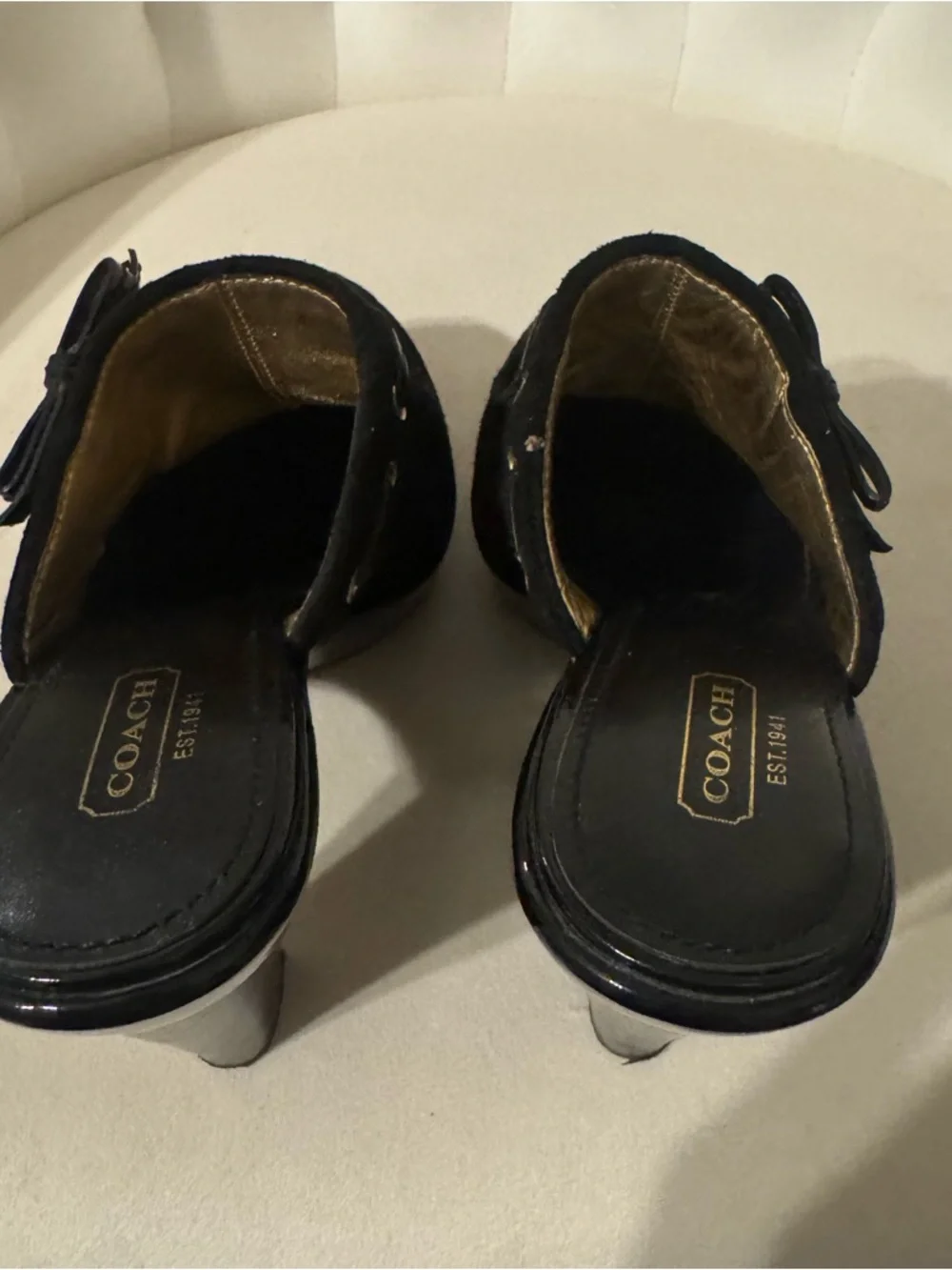 COACH Black Velvet Slip-On Clog Mules with Gold-Tone Hardware